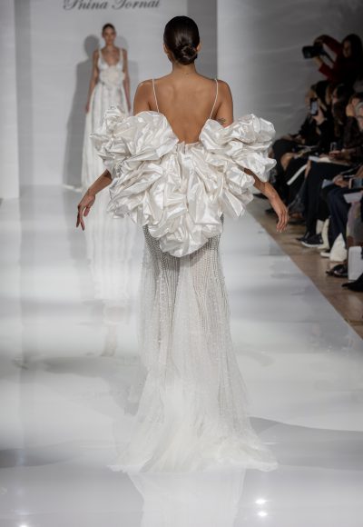 Chic and Modern Pearl Embellished Fit-and-Flare Wedding Dress by Pnina Tornai - Image 2