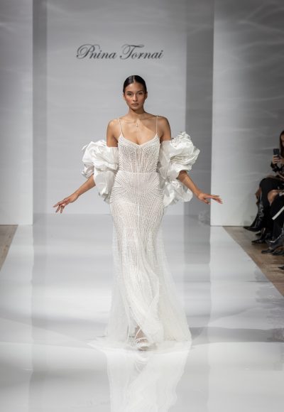 Chic and Modern Pearl Embellished Fit-and-Flare Wedding Dress by Pnina Tornai