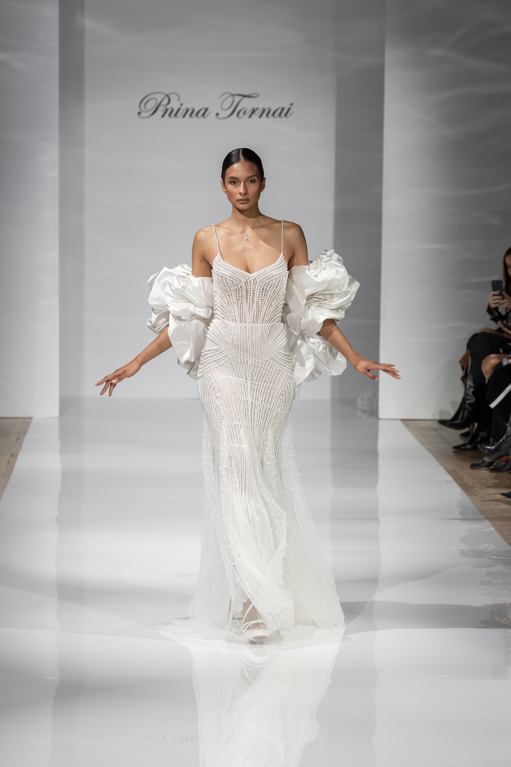 Chic and Modern Pearl Embellished Fit-and-Flare Wedding Dress by Pnina Tornai - Image 1