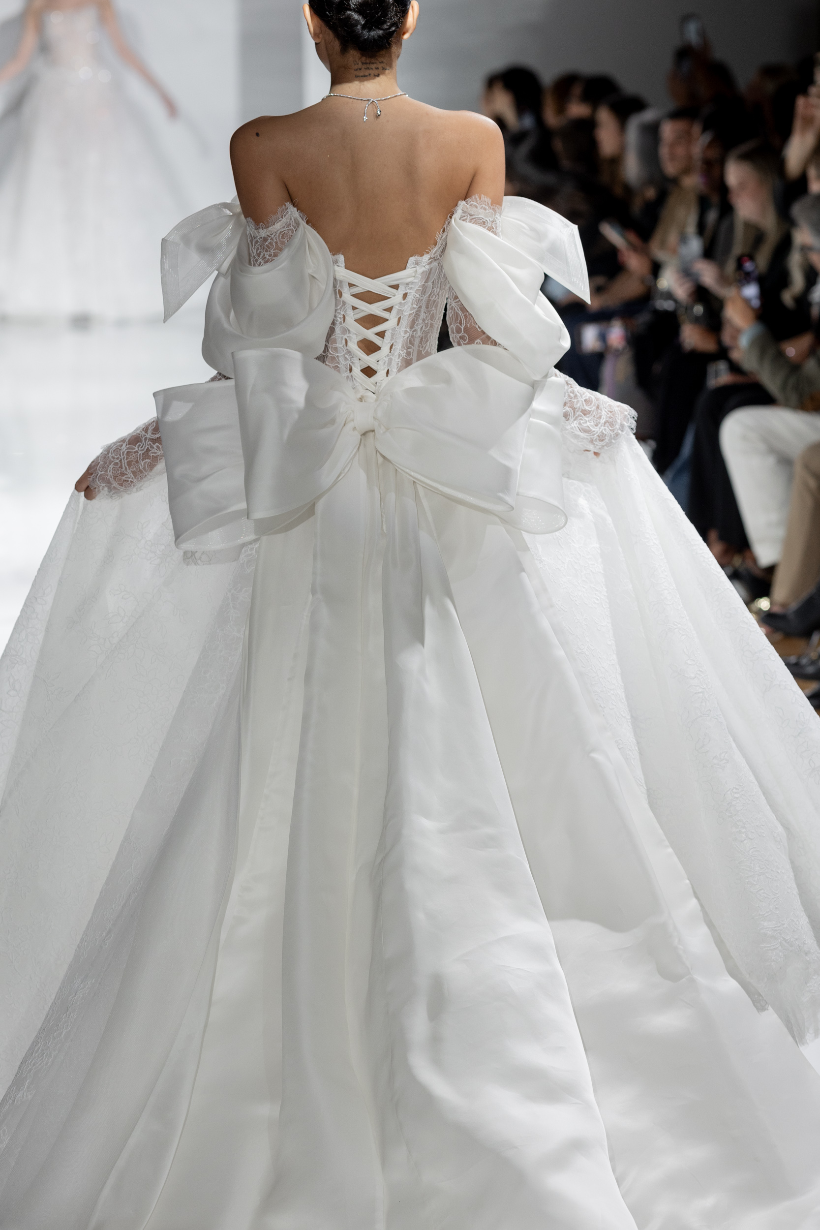 Romantic Off-The-Shoulder Long Sleeve Lace A-Line Wedding Dress With Bows by Pnina Tornai - Image 3