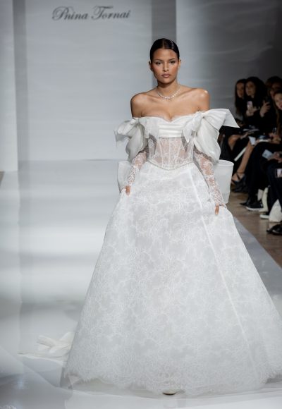 Romantic Off-The-Shoulder Long Sleeve Lace A-Line Wedding Dress With Bows by Pnina Tornai