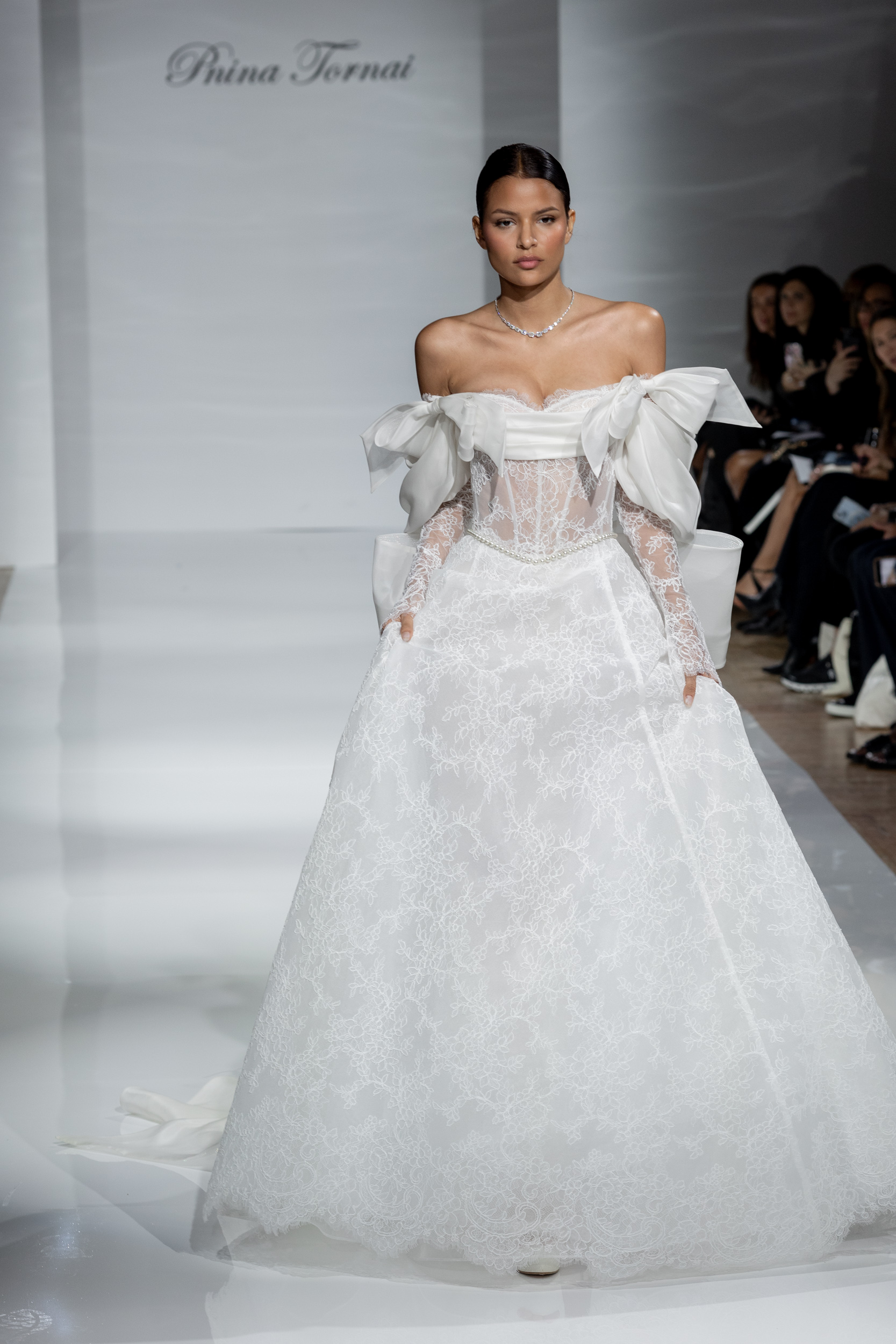 Romantic Off-The-Shoulder Long Sleeve Lace A-Line Wedding Dress With Bows by Pnina Tornai - Image 1