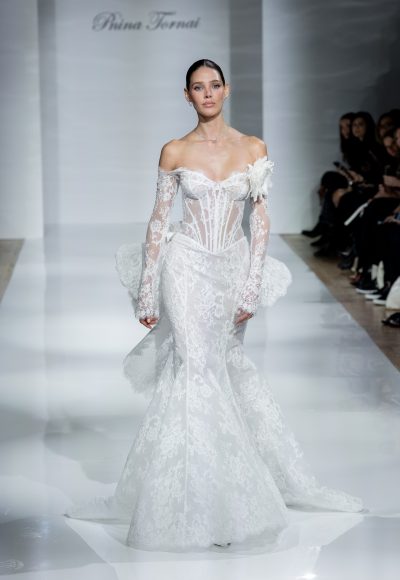 Romantic Off-The-Shoulder Lace Long Sleeve Fit-And-Flare Wedding Dress by Pnina Tornai