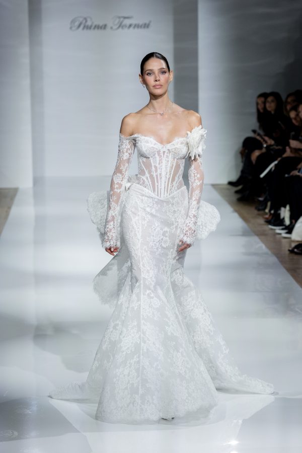 Romantic Off-The-Shoulder Lace Long Sleeve Fit-And-Flare Wedding Dress by Pnina Tornai - Image 5