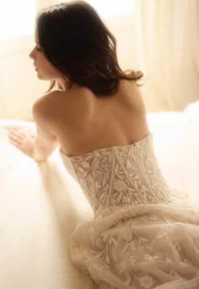 Ethereal Floral-Embroidered A-Line Wedding Dress With Basque-Waist Corset by Enaura Bridal - Image 3