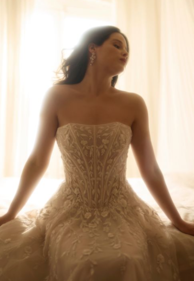 Ethereal Floral-Embroidered A-Line Wedding Dress With Basque-Waist Corset by Enaura Bridal