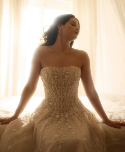 Ethereal Floral-Embroidered A-Line Wedding Dress With Basque-Waist Corset by Enaura Bridal - Image 1