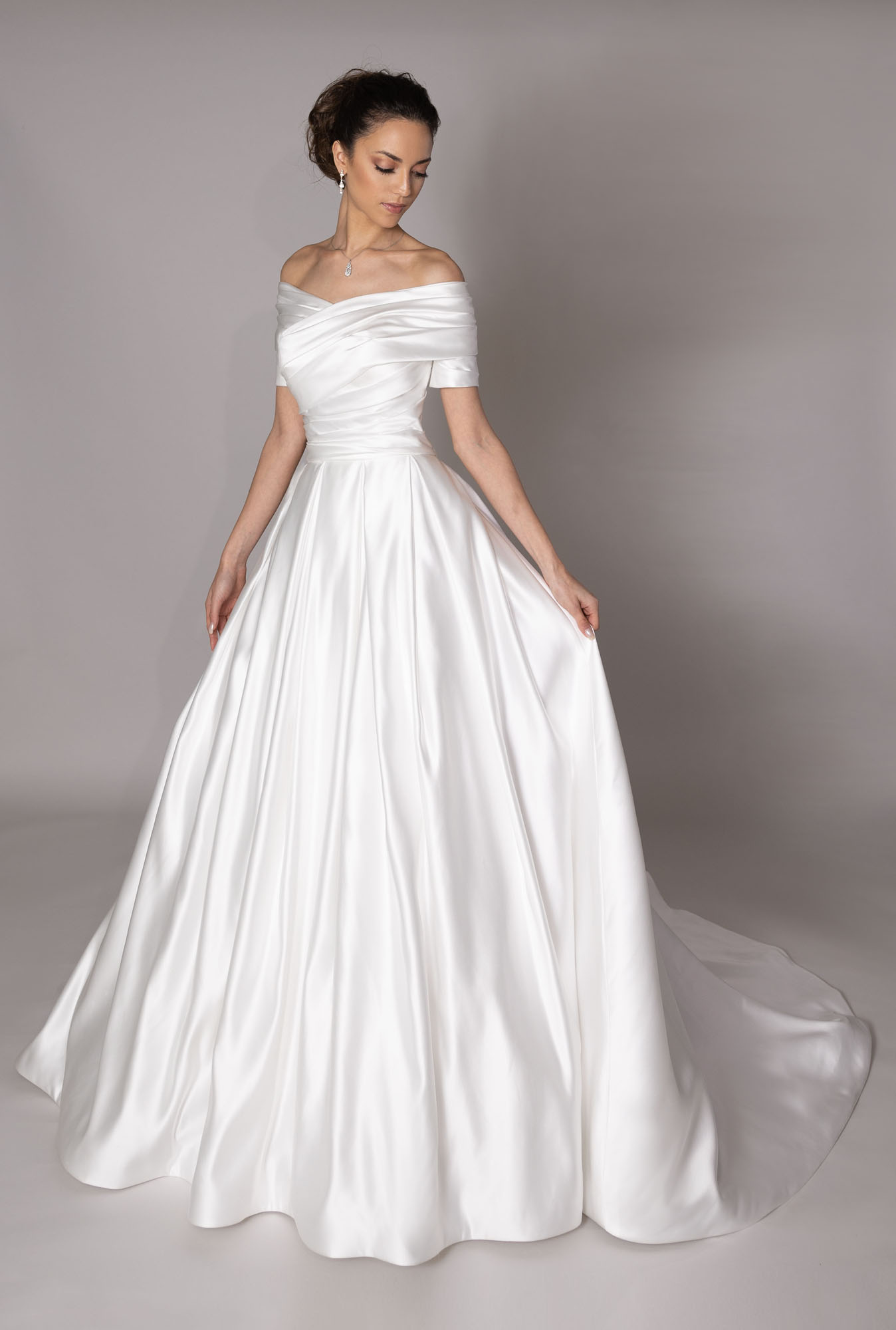 Classic And Modest Off-the-Shoulder Satin Ball Gown by Augusta Jones - Image 1