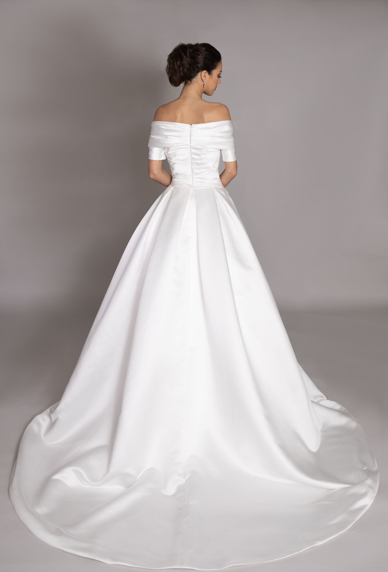 Classic And Modest Off-the-Shoulder Satin Ball Gown by Augusta Jones - Image 2