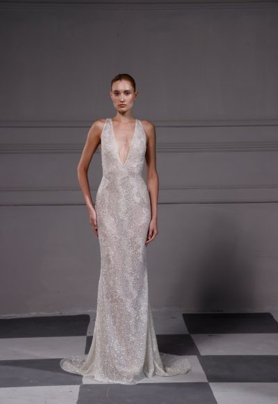 Sleek And Daring V-Neck Sheath Wedding Dress by Tony Ward