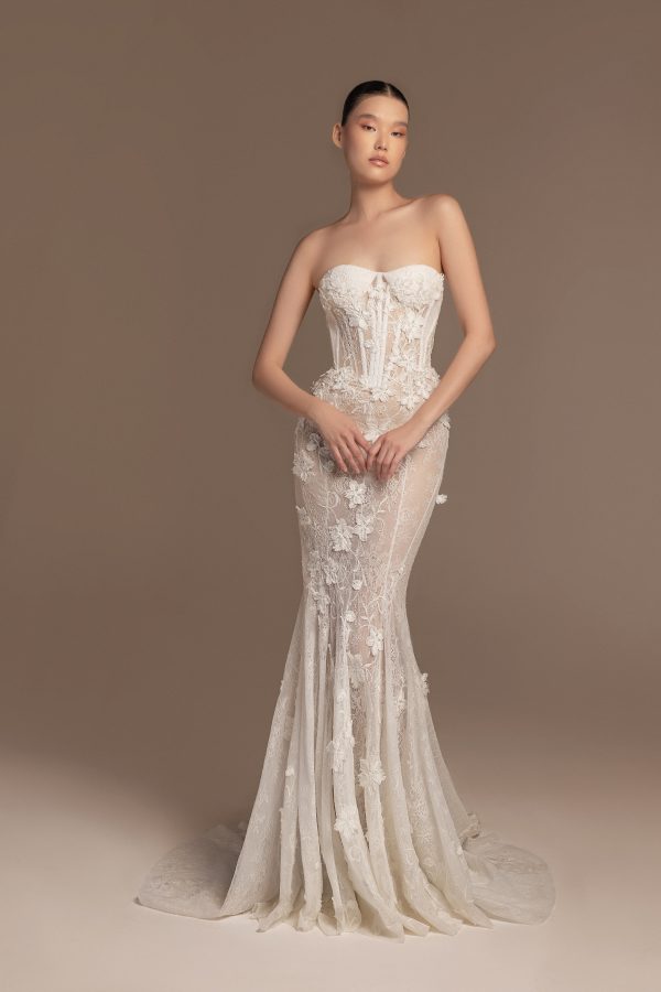 Edgy And Romantic Lace Fit-and-Flare Wedding Dress With Corset Bodice by Tony Ward - Image 1