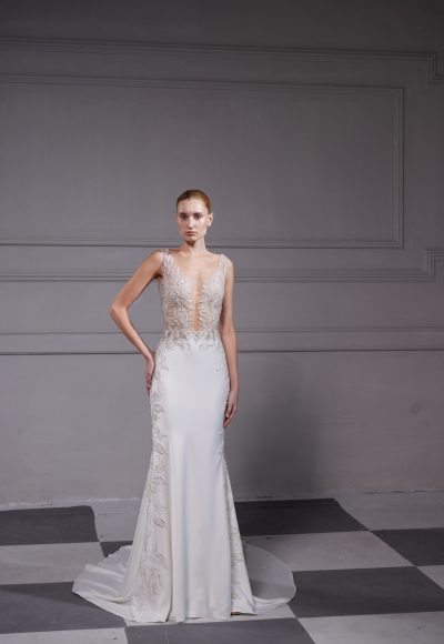 Sleek And Unique Fit-and-Flare Wedding Dress With Illusion Bodice And Satin Skirt by Tony Ward