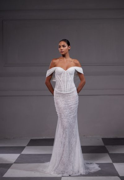 Ethereal And Sexy Off-the-Shoulder Sheath Wedding Dress With Corset Bodice by Tony Ward