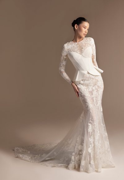 Unique Long Sleeve Fit-and-Flare Wedding Dress With Corset Bodice by Tony Ward