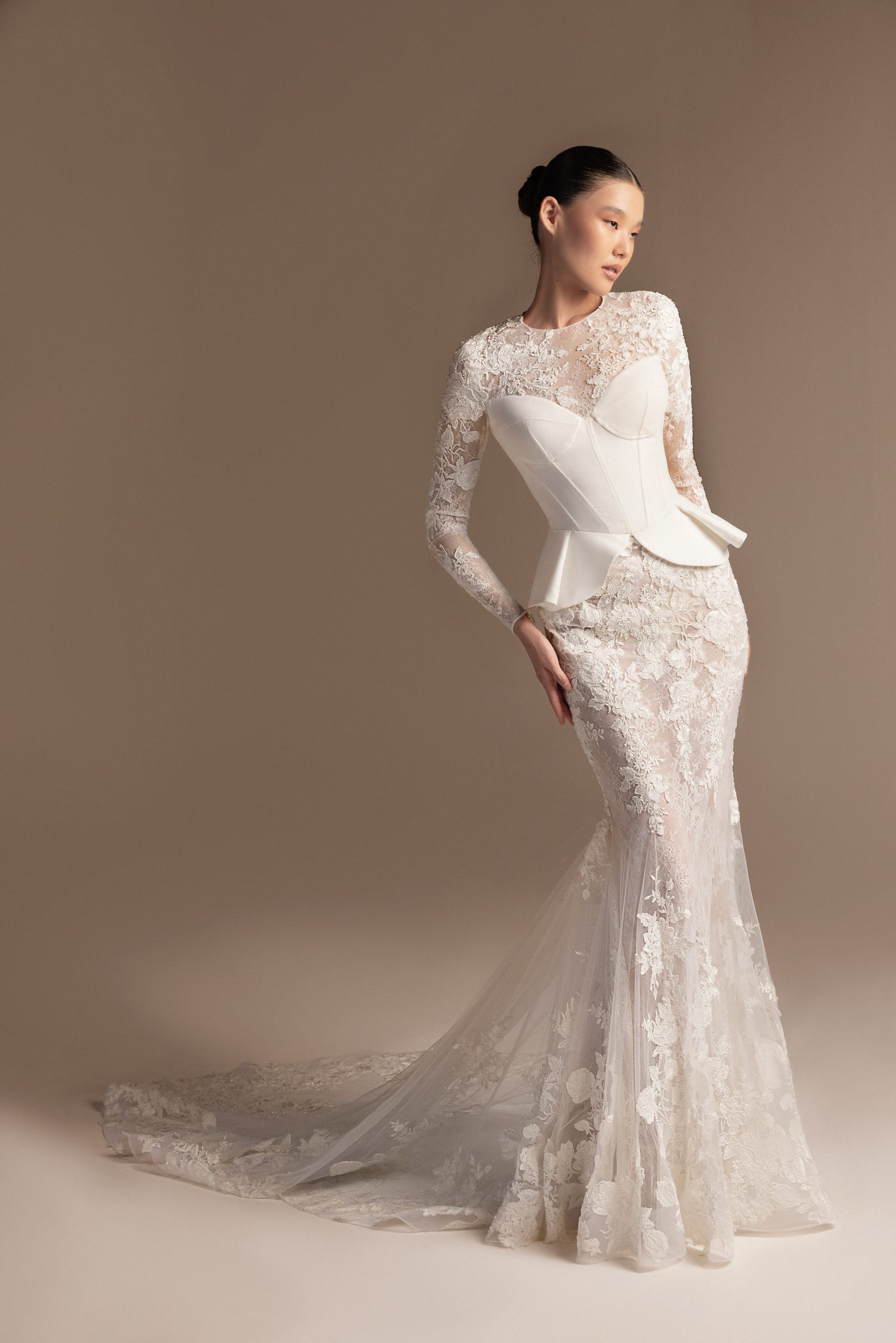 Unique Long Sleeve Fit-and-Flare Wedding Dress With Corset Bodice by Tony Ward - Image 1