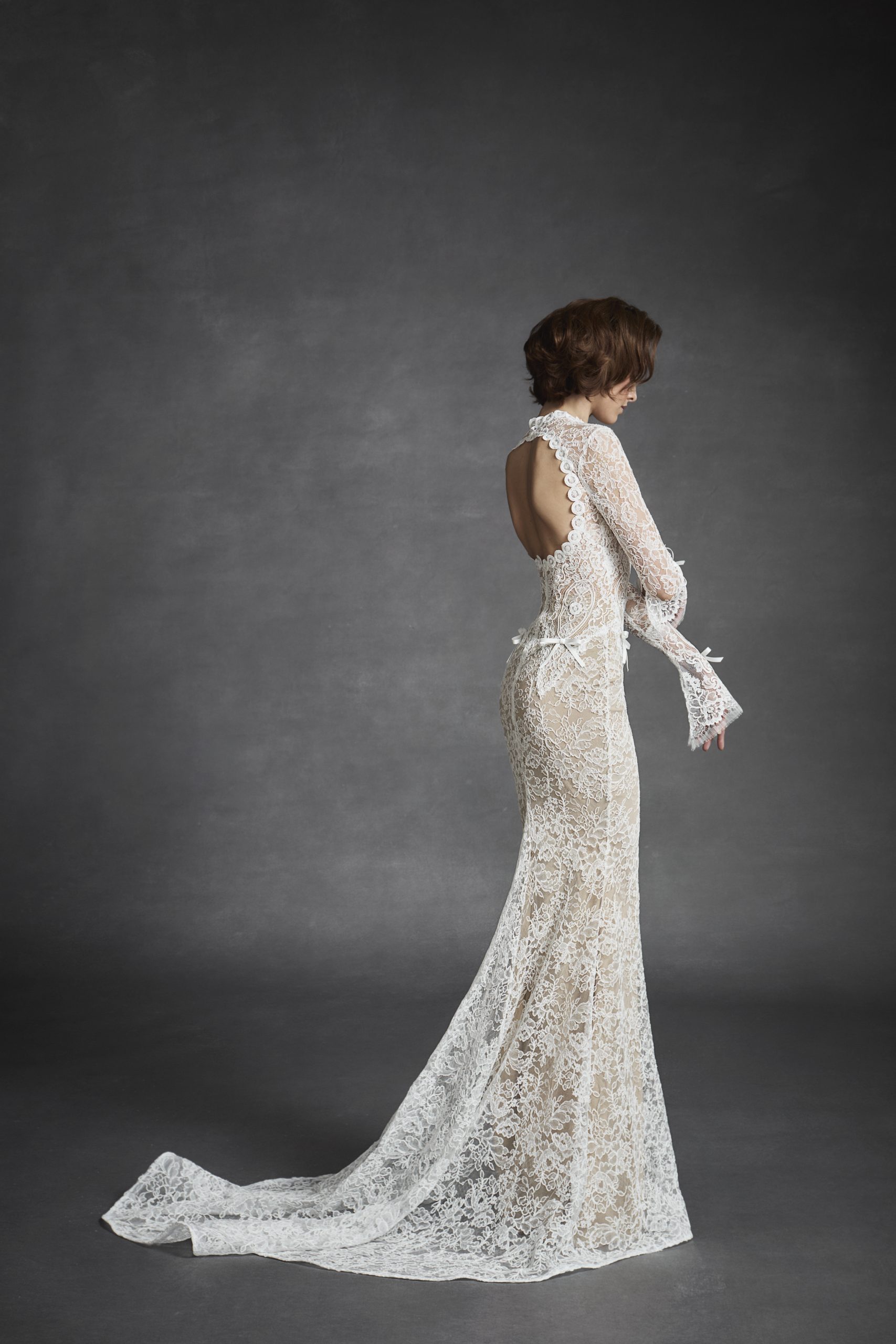 Lace Long Sleeve Fit-and-Flare Wedding Dress With Bows And Key-Hole Back by Jaclyn Whyte - Image 2