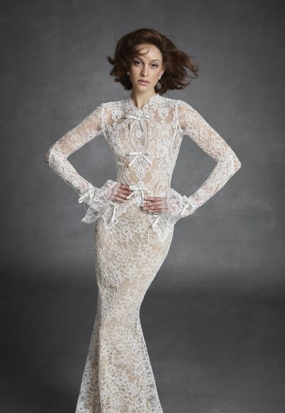 Lace Long Sleeve Fit-and-Flare Wedding Dress With Bows And Key-Hole Back by Jaclyn Whyte