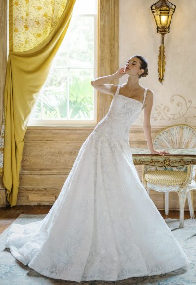 Square-Neck Embroidered Lace A-Line Wedding Dress by Anne Barge