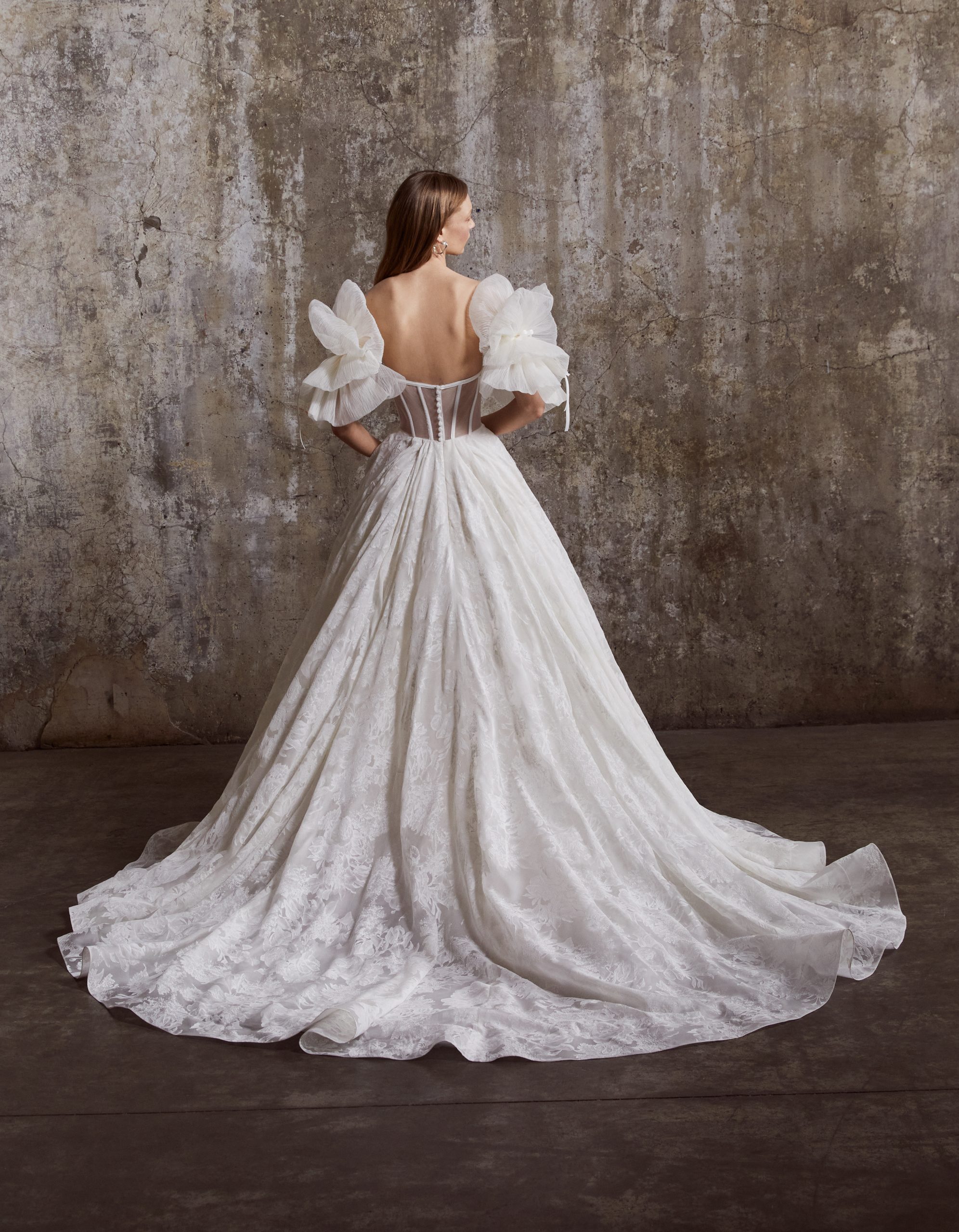 Floral Embossed Organza Ball Gown With Detachable Sleeves by Rivini - Image 2