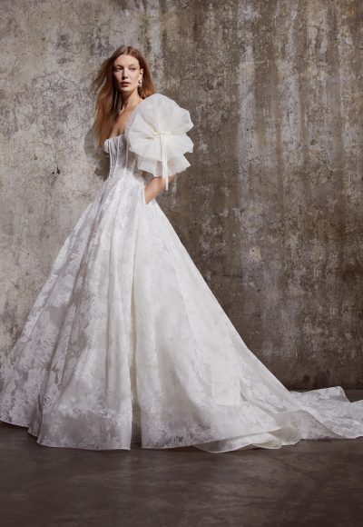 Floral Embossed Organza Ball Gown With Detachable Sleeves by Rivini