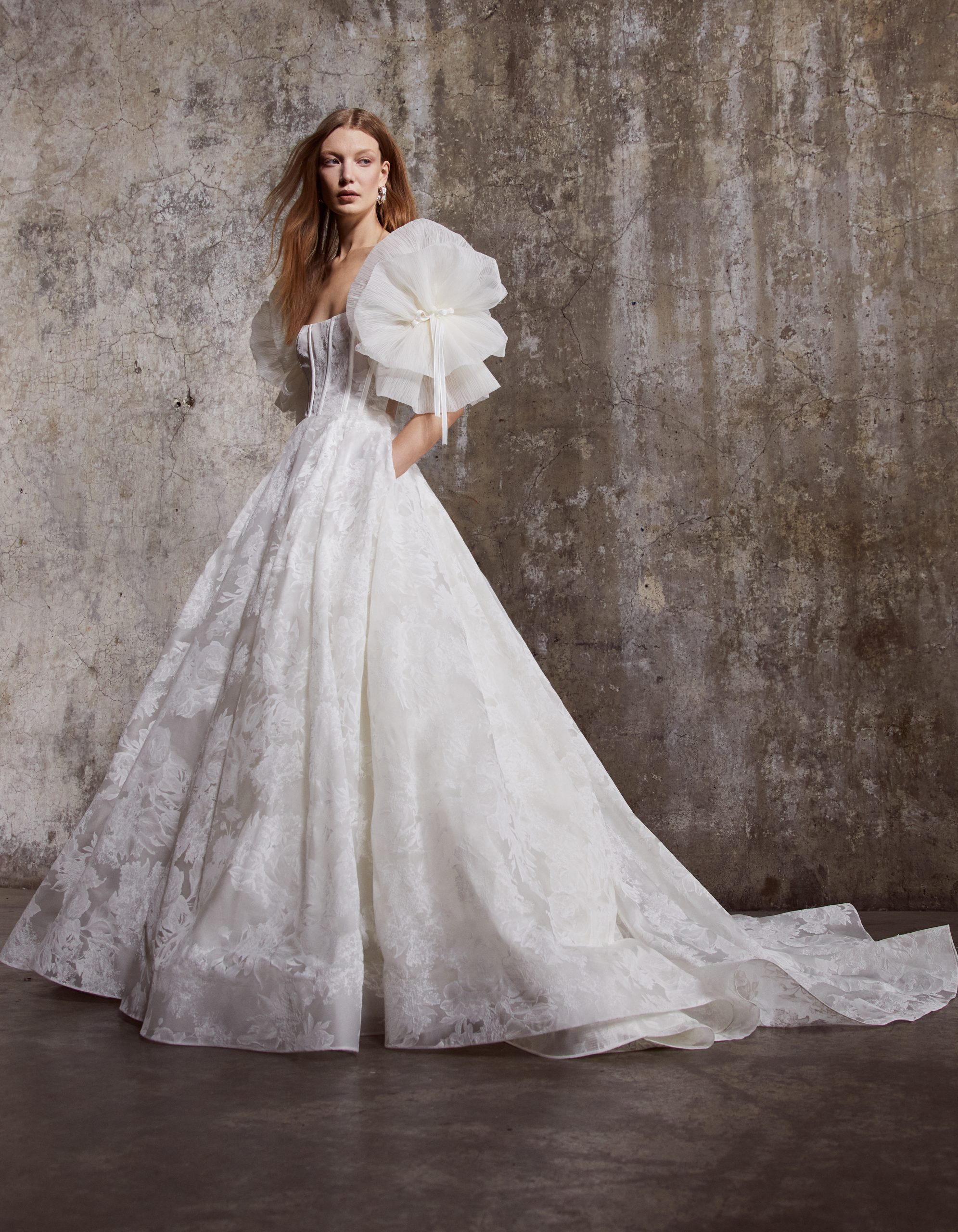 Floral Embossed Organza Ball Gown With Detachable Sleeves by Rivini - Image 1