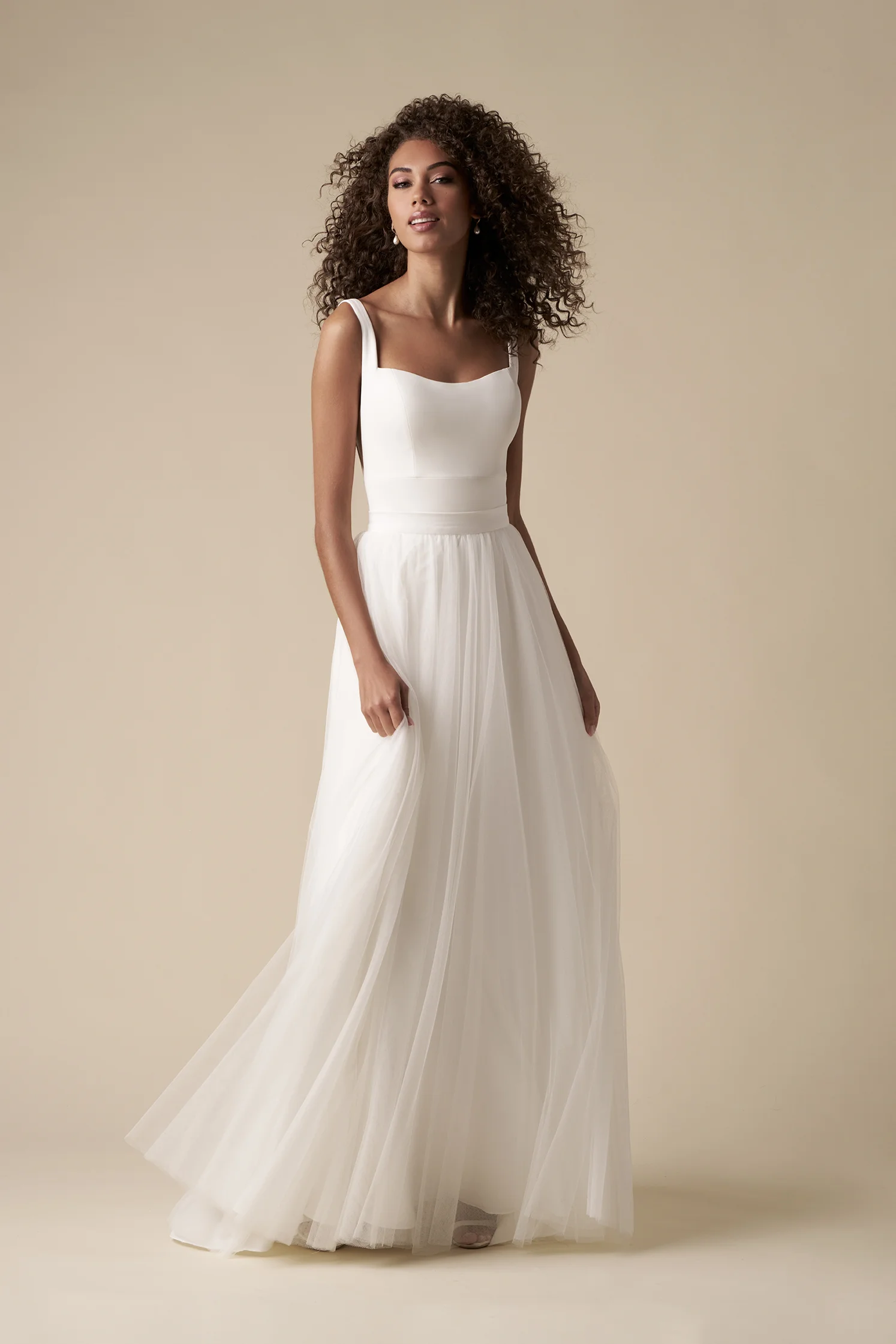 Simple And Classic Square-Neck Sheath Wedding Dress With Tulle Overskirt by Kleinfeld Collection - Image 4