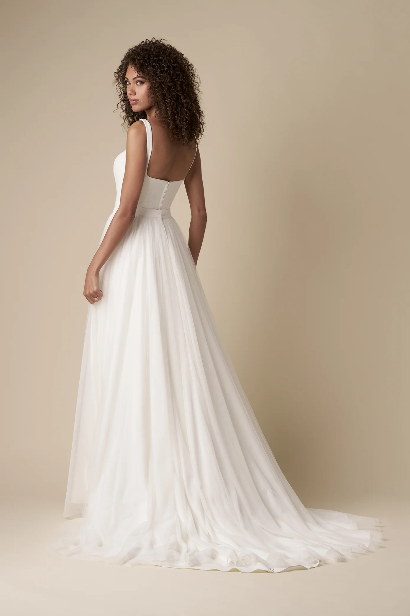 Simple And Classic Square-Neck Sheath Wedding Dress With Tulle Overskirt by Kleinfeld Collection - Image 5