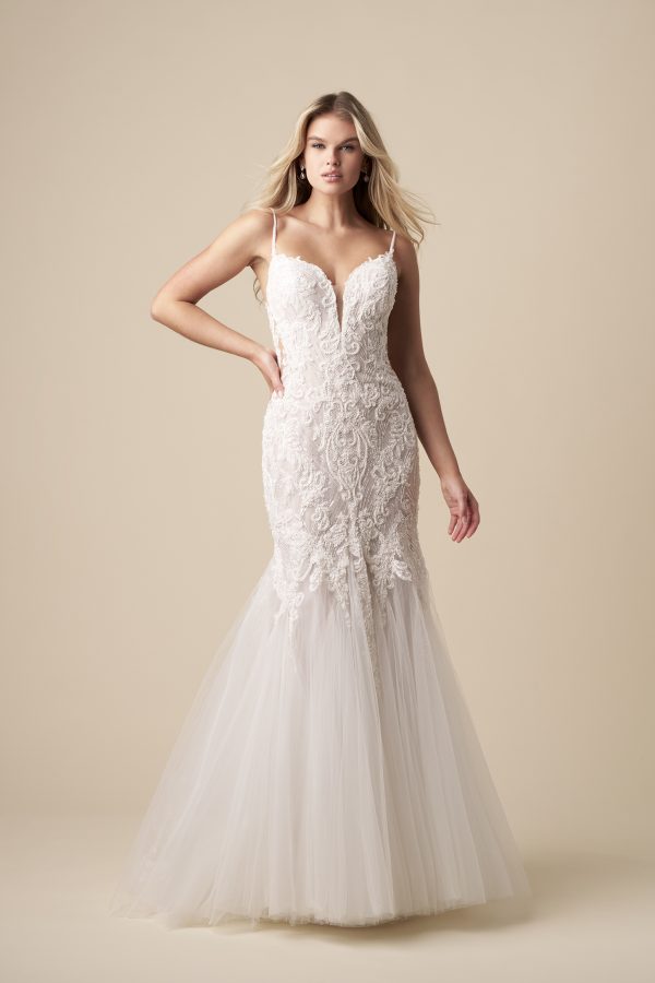 Romantically Embellished Lace Fit-and-Flare Wedding Dress With Open Back by Kleinfeld Collection - Image 1