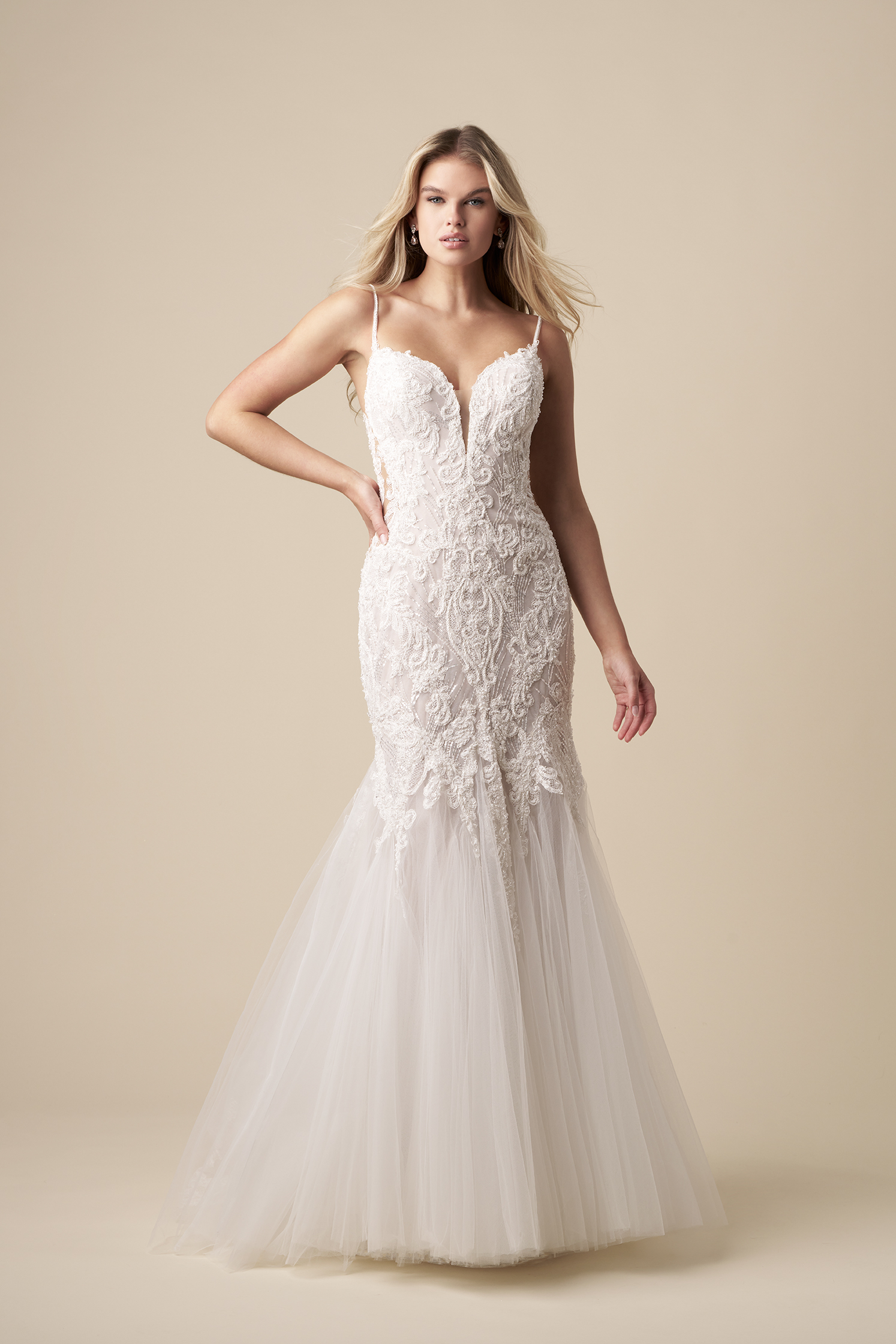 Romantically Embellished Lace Fit-and-Flare Wedding Dress With Open Back by The Kleinfeld Collection - Image 1