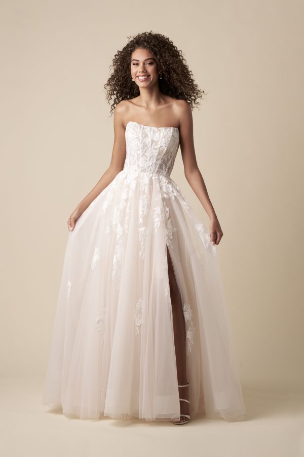 Romantic And Ethereal Strapless Tulle A-Line Wedding Dress With Buttons by Kleinfeld Collection - Image 1