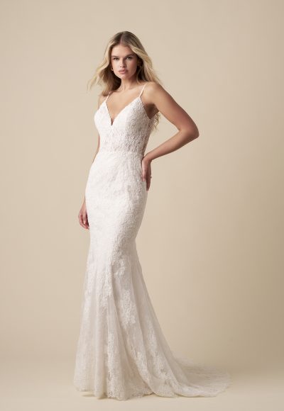 Chic And Romantic V-Neck Lace Sheath Wedding Dress With Open Back by Kleinfeld Collection