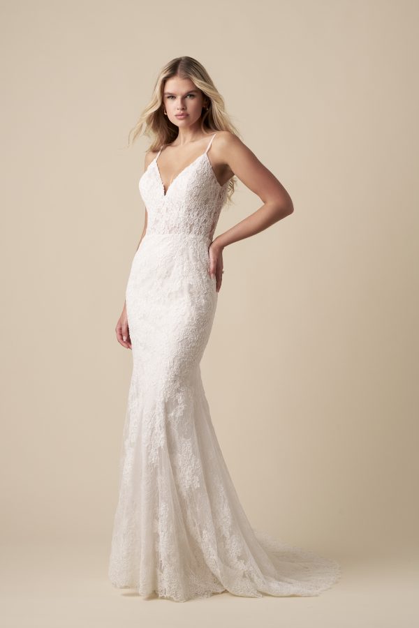 Chic And Romantic V-Neck Lace Sheath Wedding Dress With Open Back by Kleinfeld Collection - Image 1