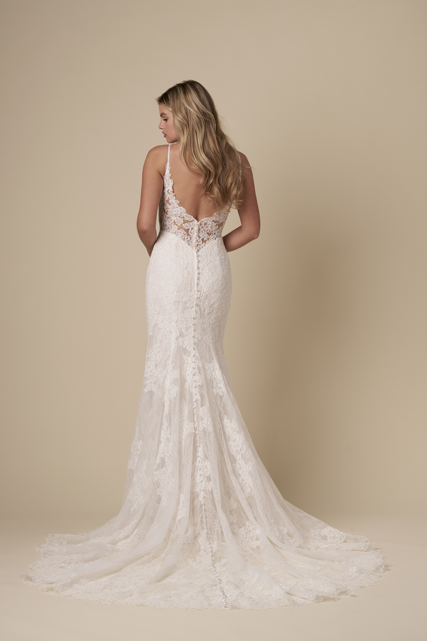 Chic And Romantic V-Neck Lace Sheath Wedding Dress With Open Back by Kleinfeld Collection - Image 3