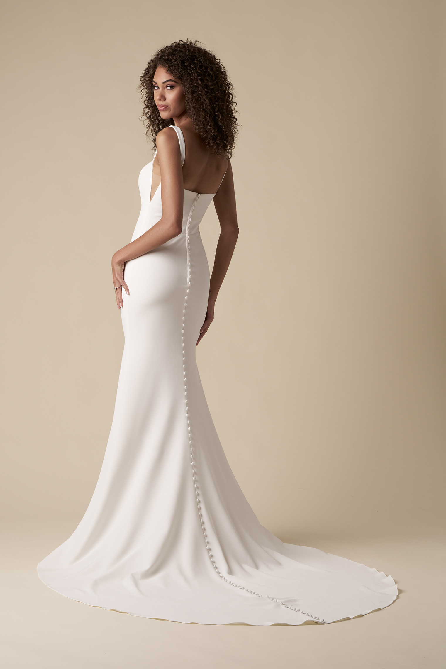 Simple And Classic Square Neck Sheath Wedding Dress With Buttons by The Kleinfeld Collection - Image 3