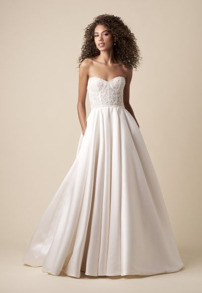 Classic And Glamorous Beaded A-Line Wedding Dress With Satin Skirt And Buttons by Kleinfeld Collection