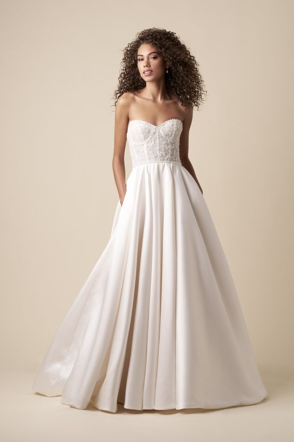 Classic And Glamorous Beaded A-Line Wedding Dress With Satin Skirt And Buttons by Kleinfeld Collection - Image 1