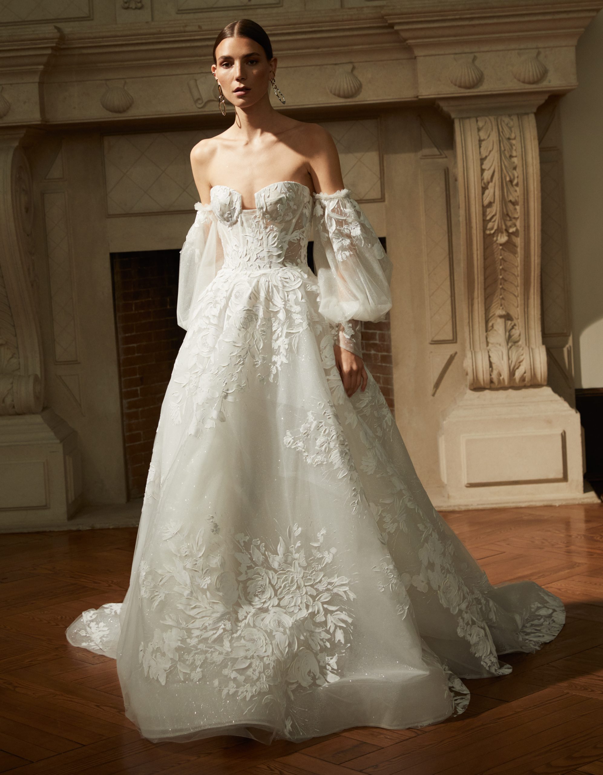 Unique And Romantic Hand-Painted Ball Gown With Puff Sleeves by Rivini - Image 1