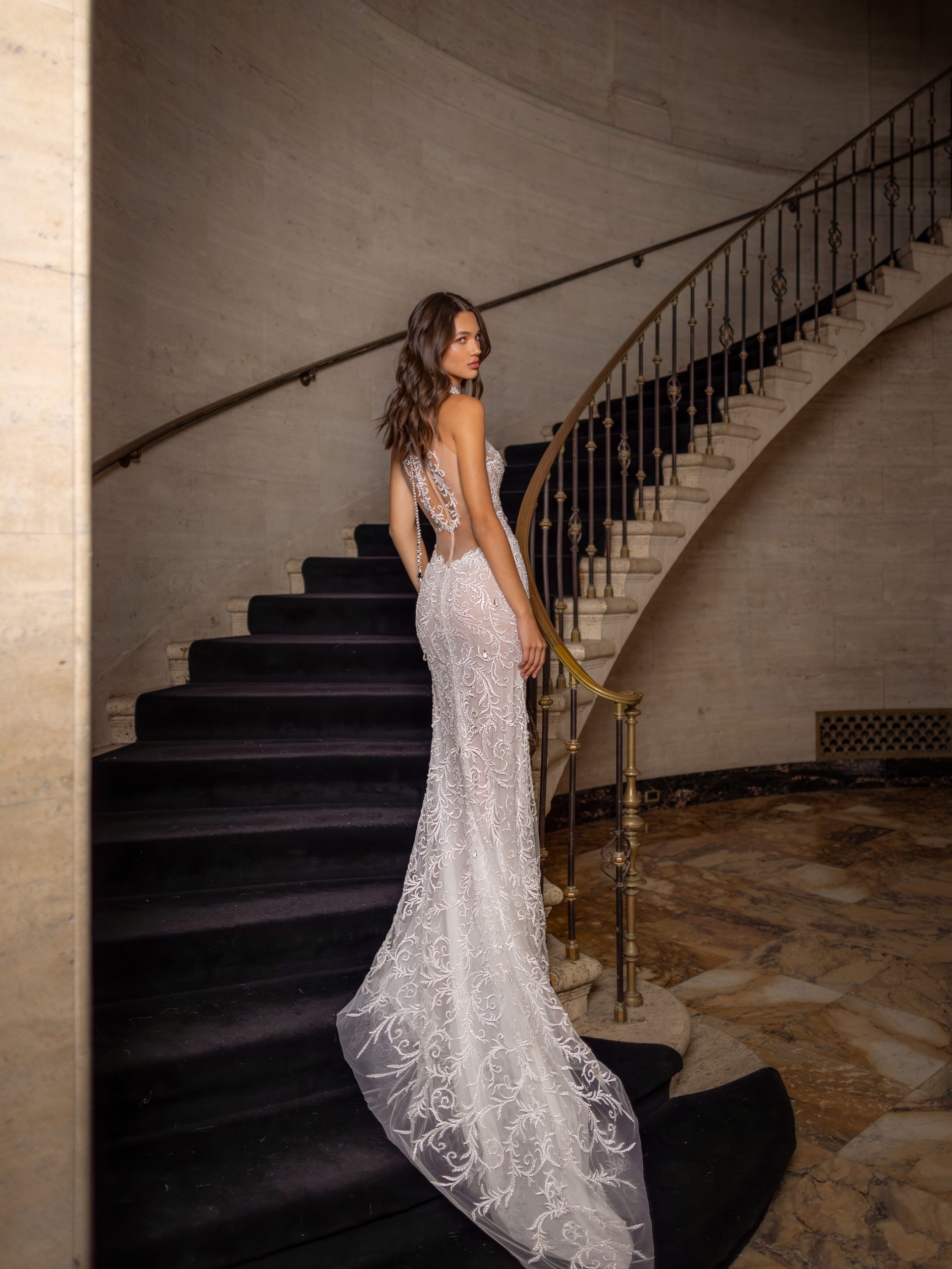 Crystal Embellished Halter-Neck Sheath Wedding Dress by Pnina Tornai - Image 4