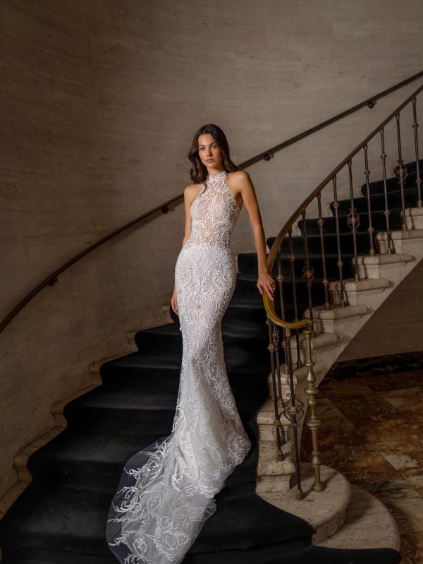 Crystal Embellished Halter-Neck Sheath Wedding Dress by Pnina Tornai - Image 1