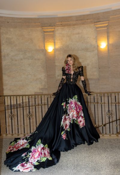 Black And Pink Floral A-Line Wedding Dress by Pnina Tornai