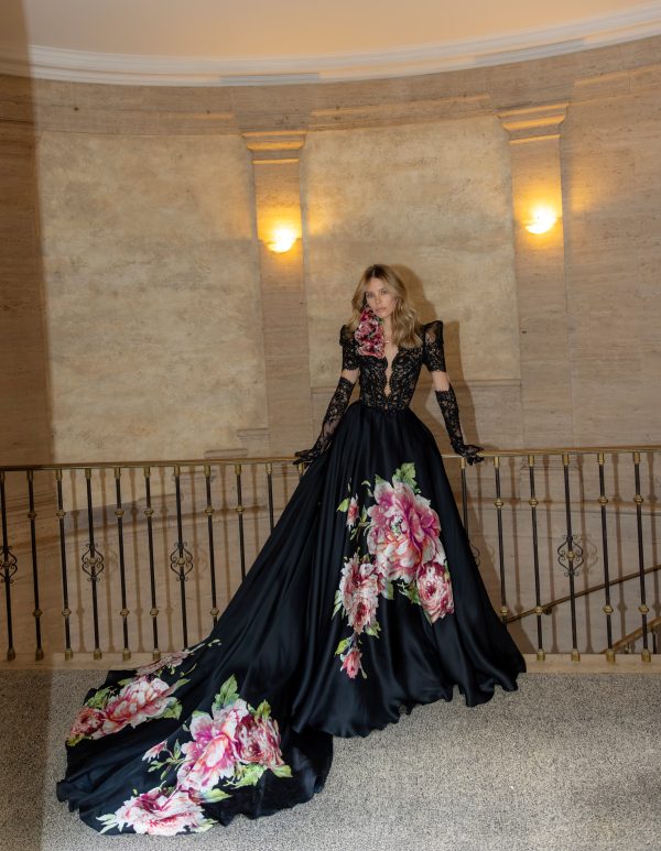 Black And Pink Floral A-Line Wedding Dress by Pnina Tornai - Image 1