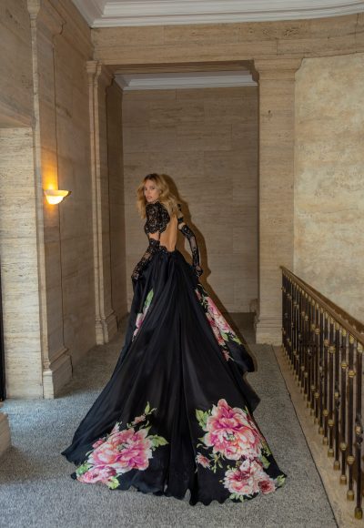 Black And Pink Floral A-Line Wedding Dress by Pnina Tornai - Image 3