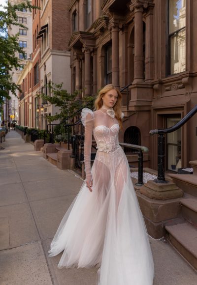 Romantic And Feminine Puff Sleeve Tulle A-Line Wedding Dress by Pnina Tornai