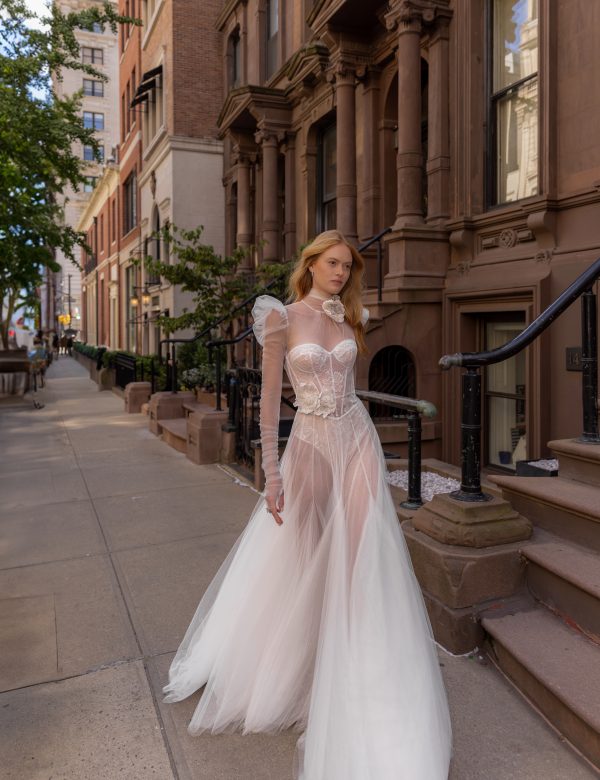 Romantic And Feminine Puff Sleeve Tulle A-Line Wedding Dress by Pnina Tornai - Image 1