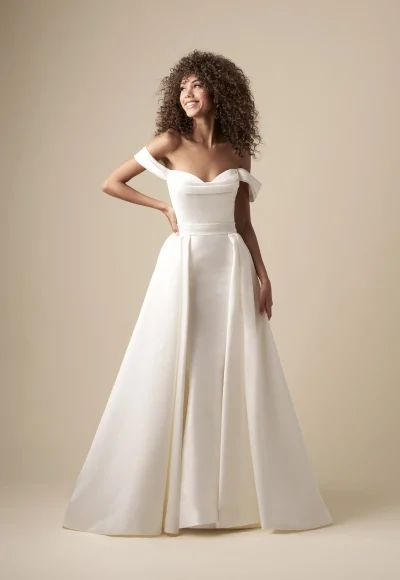 Chic And Timeless Silk Mikado Fit-and-Flare Wedding Dress With Overskirt by Kleinfeld Collection - Image 3