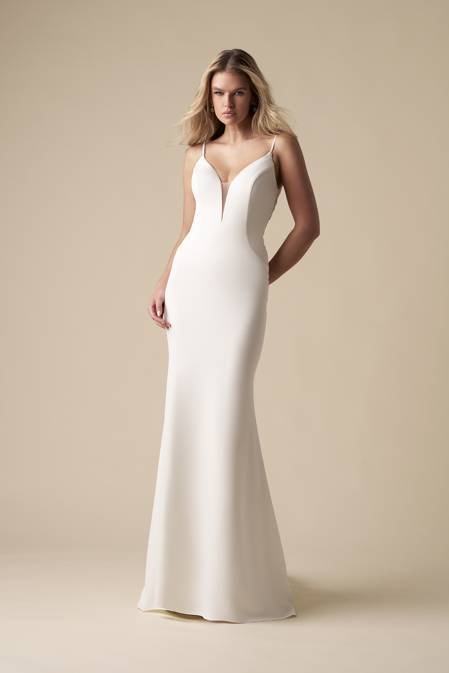 Chic And Romantic V-Neck Sheath Wedding Dress With Open Back by Kleinfeld Collection - Image 1