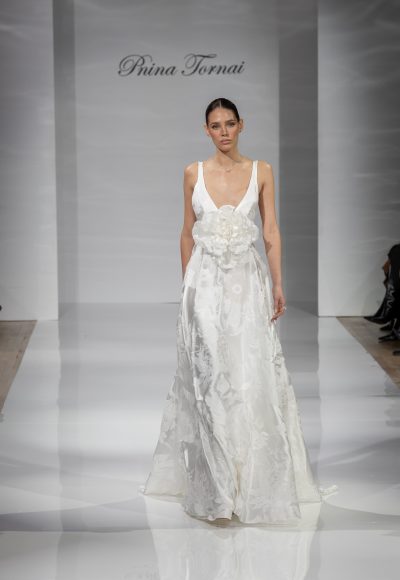 Chic And Romantic V-Neck Floral Jacquard A-Line Wedding Dress by Pnina Tornai