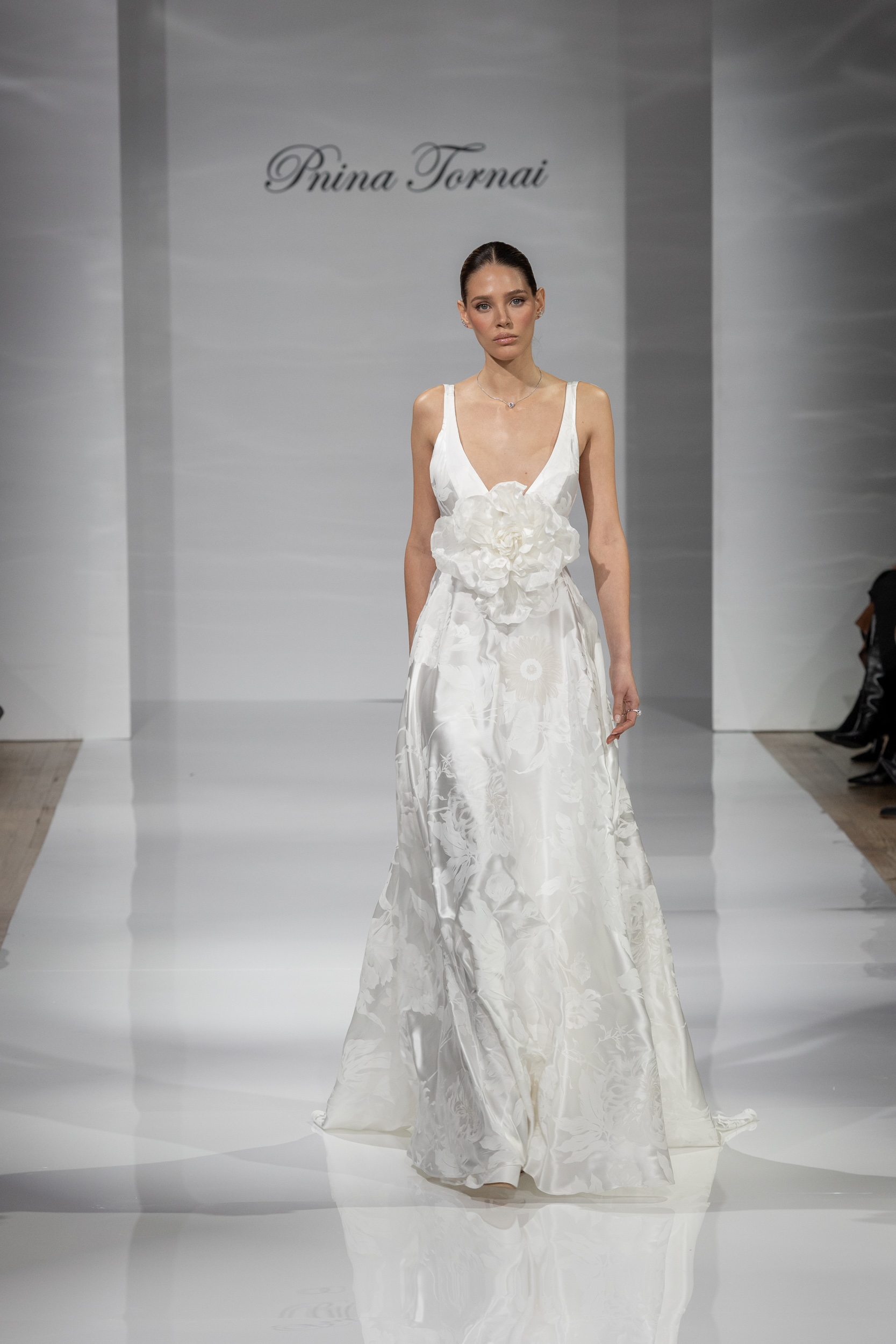 Chic And Romantic V-Neck Floral Jacquard A-Line Wedding Dress by Pnina Tornai - Image 1