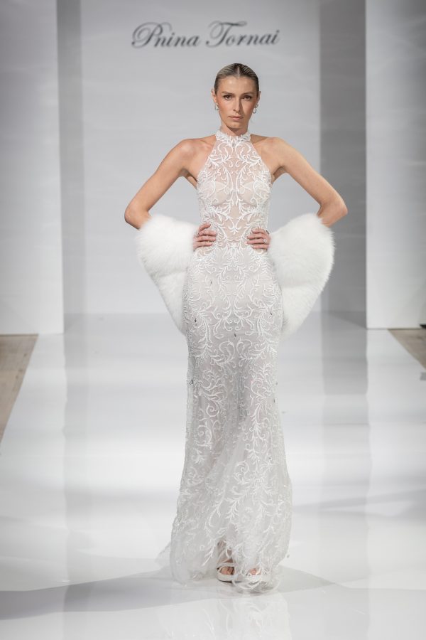 Crystal Embellished Halter-Neck Sheath Wedding Dress by Pnina Tornai - Image 5