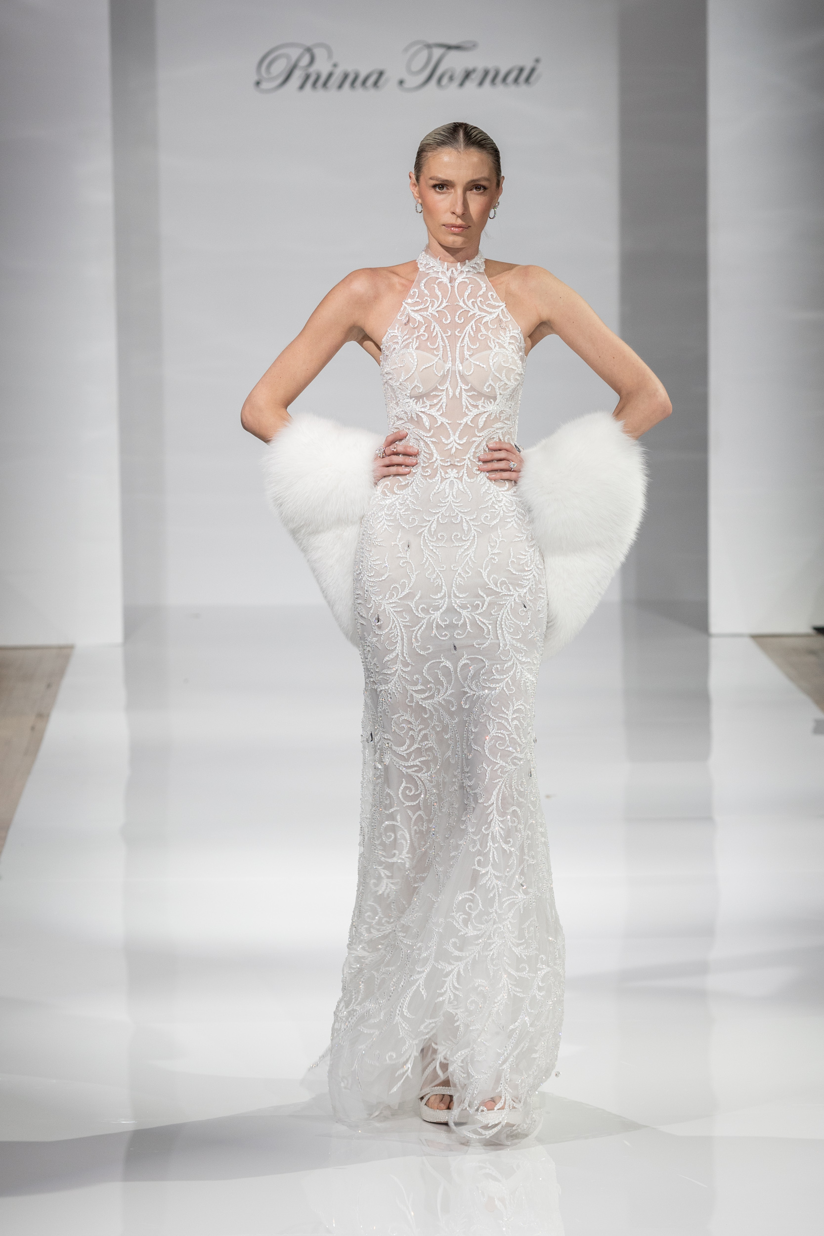 Crystal Embellished Halter-Neck Sheath Wedding Dress by Pnina Tornai - Image 1